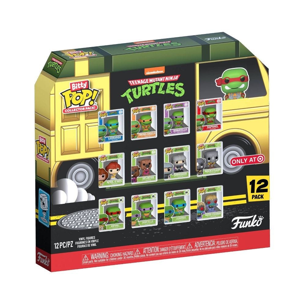 Bitty Pop! Collector Pack featuring 12 Teenage Mutant Ninja Turtles vinyl figures, including Leonardo, Michelangelo, Donatello, and Raphael, along with April O'Neil, Splinter, and others. Exclusive to Target.