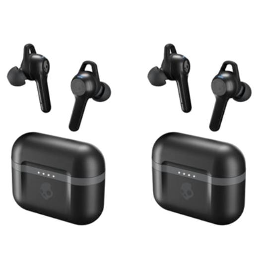 Two pairs of black Skullcandy earbuds with charging cases are shown, featuring a sleek design with in-ear tips and stems for a secure fit, suitable for wireless listening.