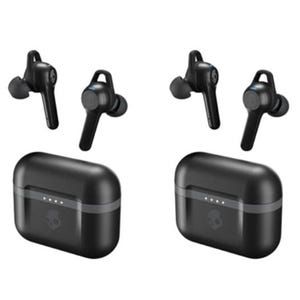 Two pairs of black Skullcandy earbuds with charging cases are shown, featuring a sleek design with in-ear tips and stems for a secure fit, suitable for wireless listening.