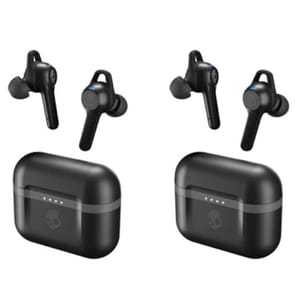 Two pairs of black Skullcandy earbuds with charging cases are shown, featuring a sleek design with in-ear tips and stems for a secure fit, suitable for wireless listening.
