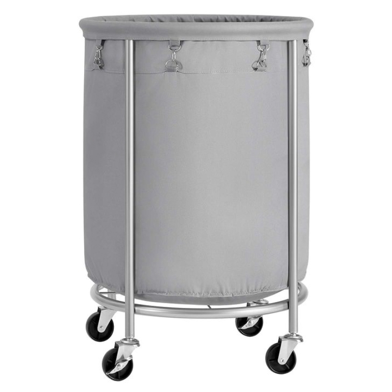 A gray laundry cart with a fabric bag on a metal frame, featuring four caster wheels for easy mobility and clips for secure attachment.