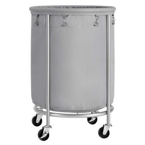 A gray laundry cart with a fabric bag on a metal frame, featuring four caster wheels for easy mobility and clips for secure attachment.