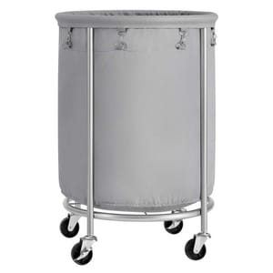 A gray laundry cart with a fabric bag on a metal frame, featuring four caster wheels for easy mobility and clips for secure attachment.