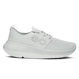 A white sneaker with a streamlined design, featuring a mesh upper and circular side accents.