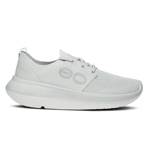 A white sneaker with a streamlined design, featuring a mesh upper and circular side accents.