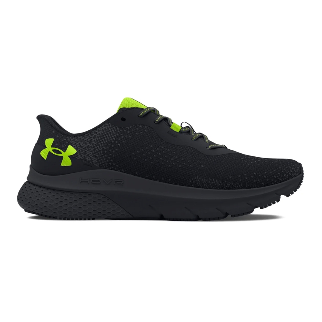 UA HOVR Turbulence 2 Shoes are black running shoes with neon green accents, featuring a minimalist design with a breathable upper and a cushioned HOVR midsole for comfort and support.