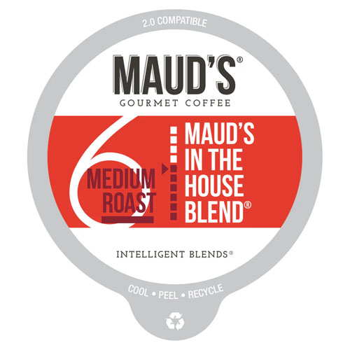 A label for Maud's Medium Roast Gourmet Coffee, compatible with 2.0 systems, with recycling instructions.