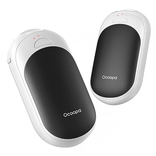 Two Ocoopa electric hand warmers with a sleek black and white design, featuring smooth edges and red indicator lights.