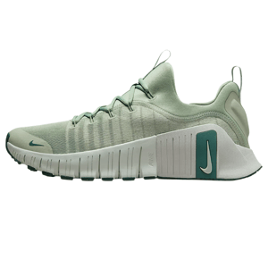 A light green and white Nike sneaker featuring a flexible sole design with a small swoosh logo near the toe and a larger one near the heel.