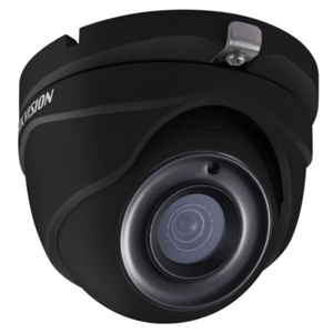 Hikvision dome security camera in black, featuring a prominent lens and a protective housing.