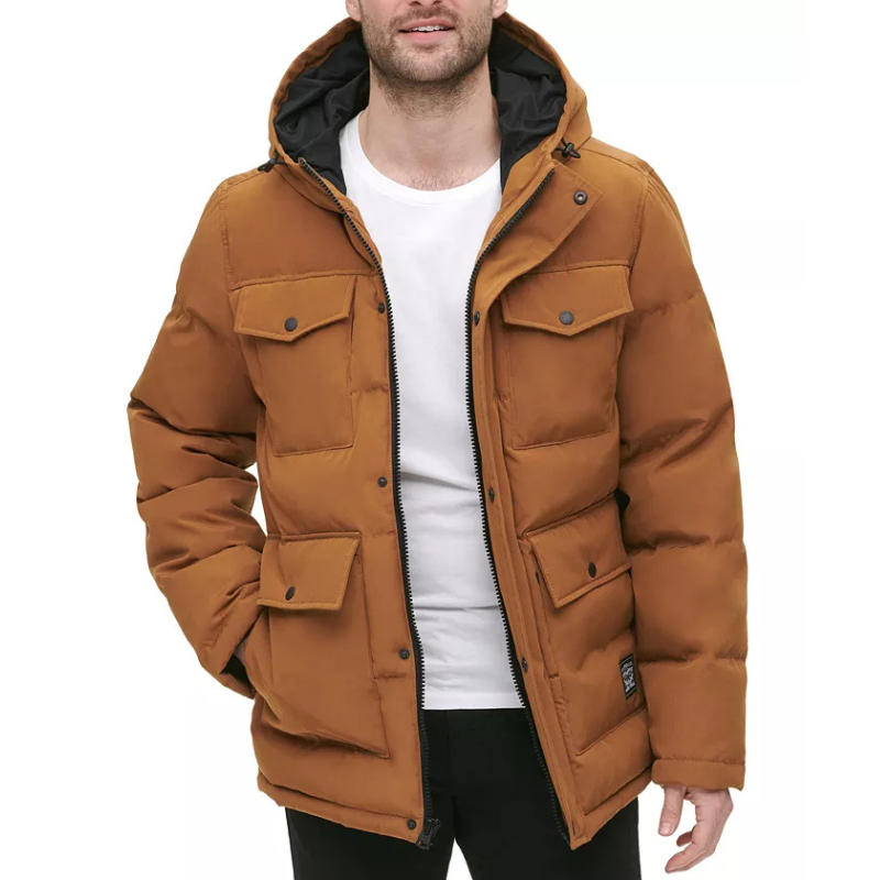 A brown Levi's parka jacket with four front pockets, a detachable hood, and a zip closure. Made for cold weather, it has a quilted design for added insulation and style.