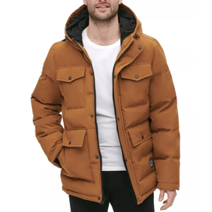 A brown Levi's parka jacket with four front pockets, a detachable hood, and a zip closure. Made for cold weather, it has a quilted design for added insulation and style.