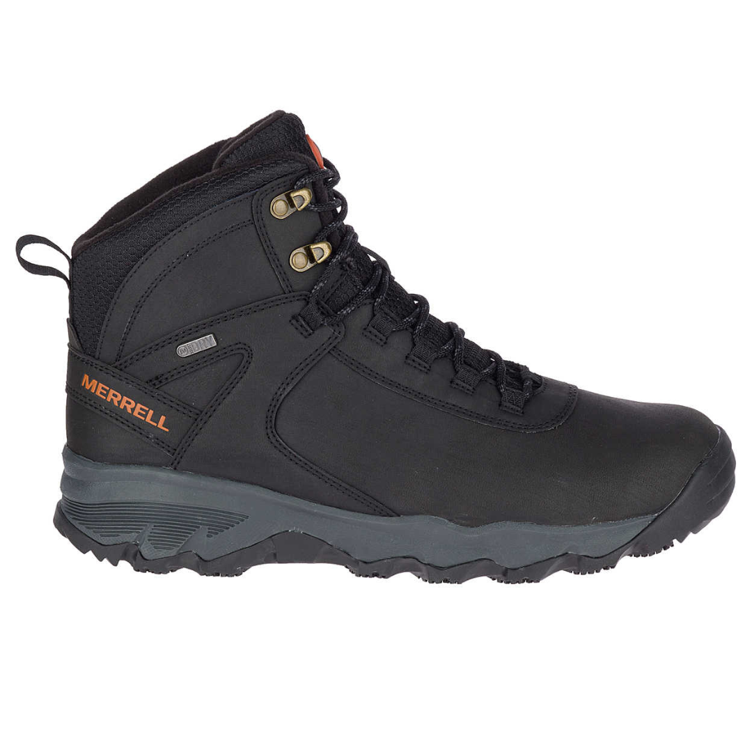 Black Merrell Men's Thermo Leather Boots feature a high-top design with waterproof leather, durable laces, and a rugged sole for traction. They include M Select DRY and a protective rubber toe cap for outdoor activity and weather resistance.