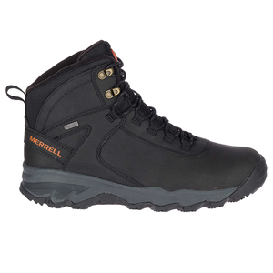 Black Merrell Men's Thermo Leather Boots feature a high-top design with waterproof leather, durable laces, and a rugged sole for traction. They include M Select DRY and a protective rubber toe cap for outdoor activity and weather resistance.
