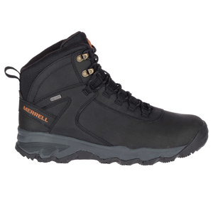Black Merrell Men's Thermo Leather Boots feature a high-top design with waterproof leather, durable laces, and a rugged sole for traction. They include M Select DRY and a protective rubber toe cap for outdoor activity and weather resistance.