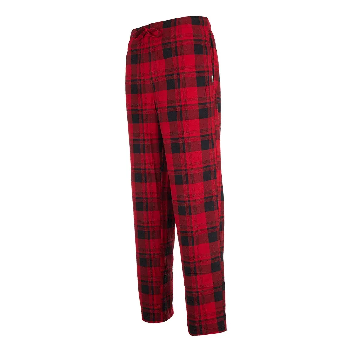 Red and black plaid pajama pants with a drawstring waist and side pockets.
