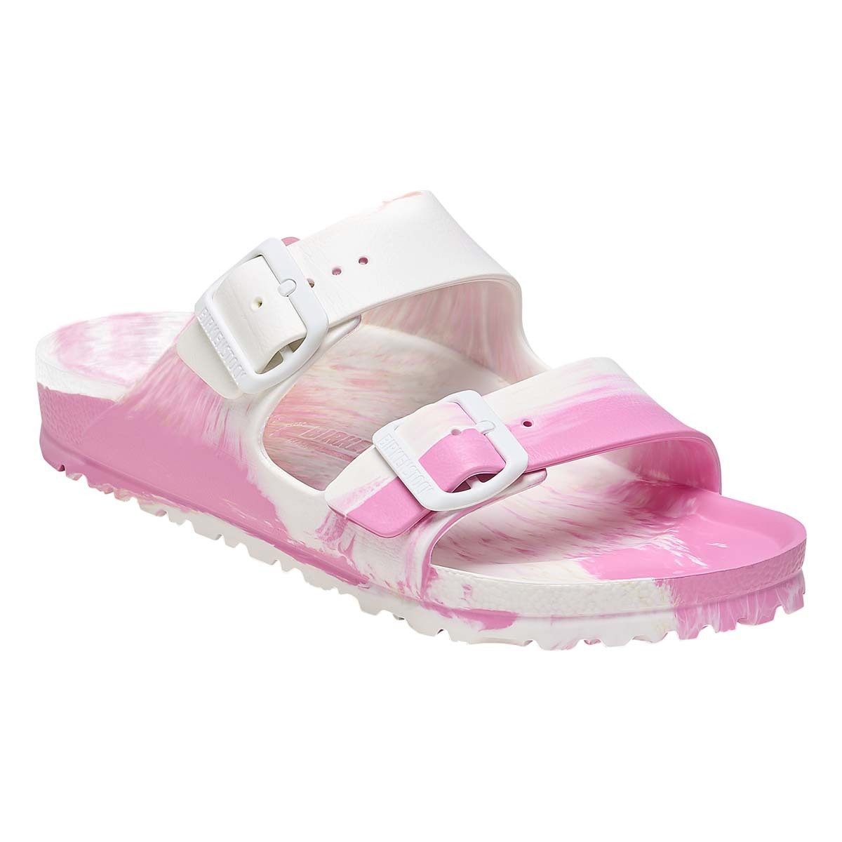 A white and pink two-strap sandal with adjustable buckles and a marbled design, featuring a contoured footbed and textured sole for comfort and grip.