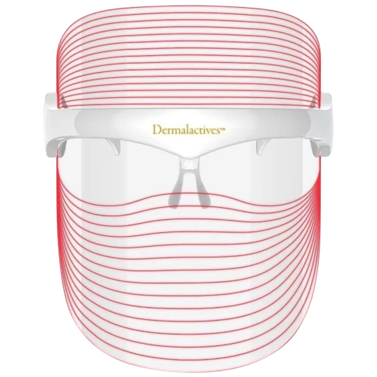 LED light therapy face shield by Dermalactives with red lines indicating light waves for skincare treatment.