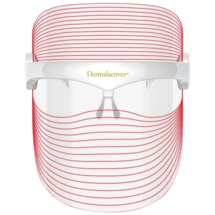 LED light therapy face shield by Dermalactives with red lines indicating light waves for skincare treatment.