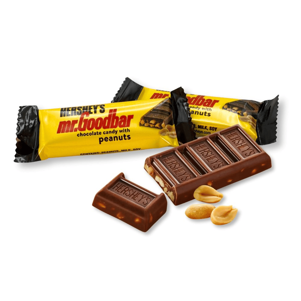 Hershey's Mr. Goodbar chocolate candy bars with peanuts, featuring a yellow wrapper.