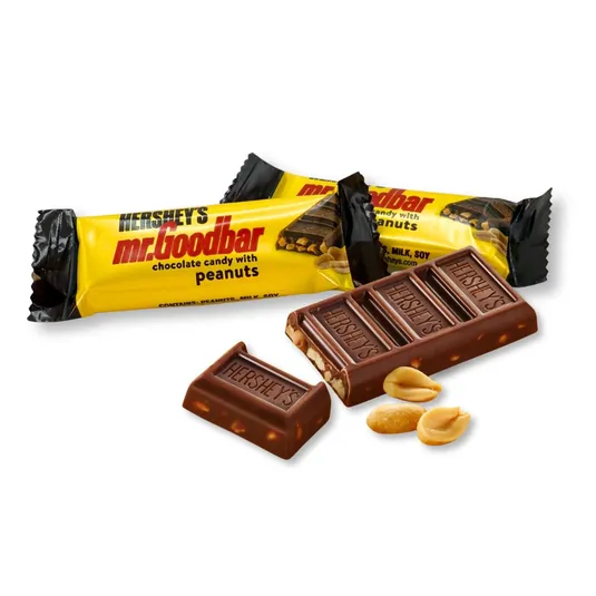 Hershey's Mr. Goodbar chocolate candy bars with peanuts, featuring a yellow wrapper.