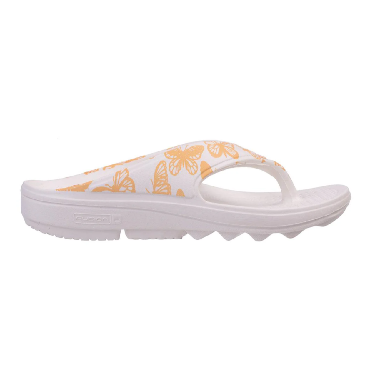 White flip-flop sandal with orange butterfly print, featuring a thick sole and zigzag tread for grip.