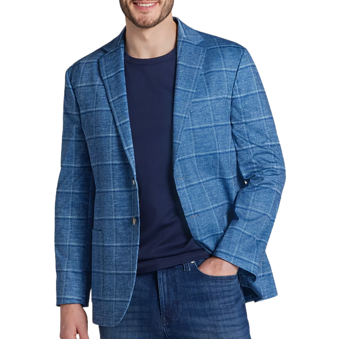 Blue plaid blazer paired with a dark blue t-shirt and jeans.
