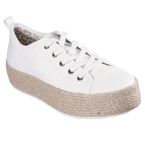 White Skechers BOBS espadrille sneakers featuring a rope-wrapped platform sole and lace-up closure, with a subtle animal print interior lining for added style.
