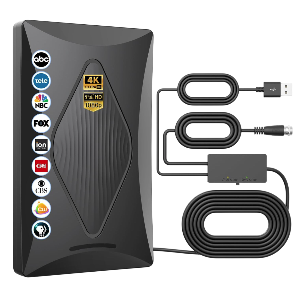 Indoor TV antenna with 4K Ultra HD and Full HD 1080p capability, featuring logos for various channels. Includes a USB cable, coaxial connector, and signal amplifier for short and long-range reception.