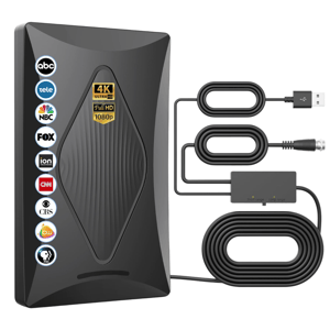 Indoor TV antenna with 4K Ultra HD and Full HD 1080p capability, featuring logos for various channels. Includes a USB cable, coaxial connector, and signal amplifier for short and long-range reception.