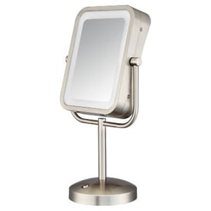 A rectangular LED makeup mirror with a brushed metal stand, featuring an adjustable design and a circular on/off button on the base for lighting control.