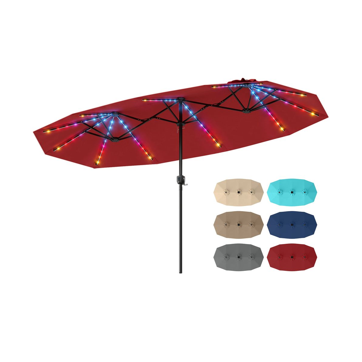 A large red outdoor patio umbrella with LED lights on the ribs, showcasing multiple color options including beige, turquoise, brown, navy blue, and gray.