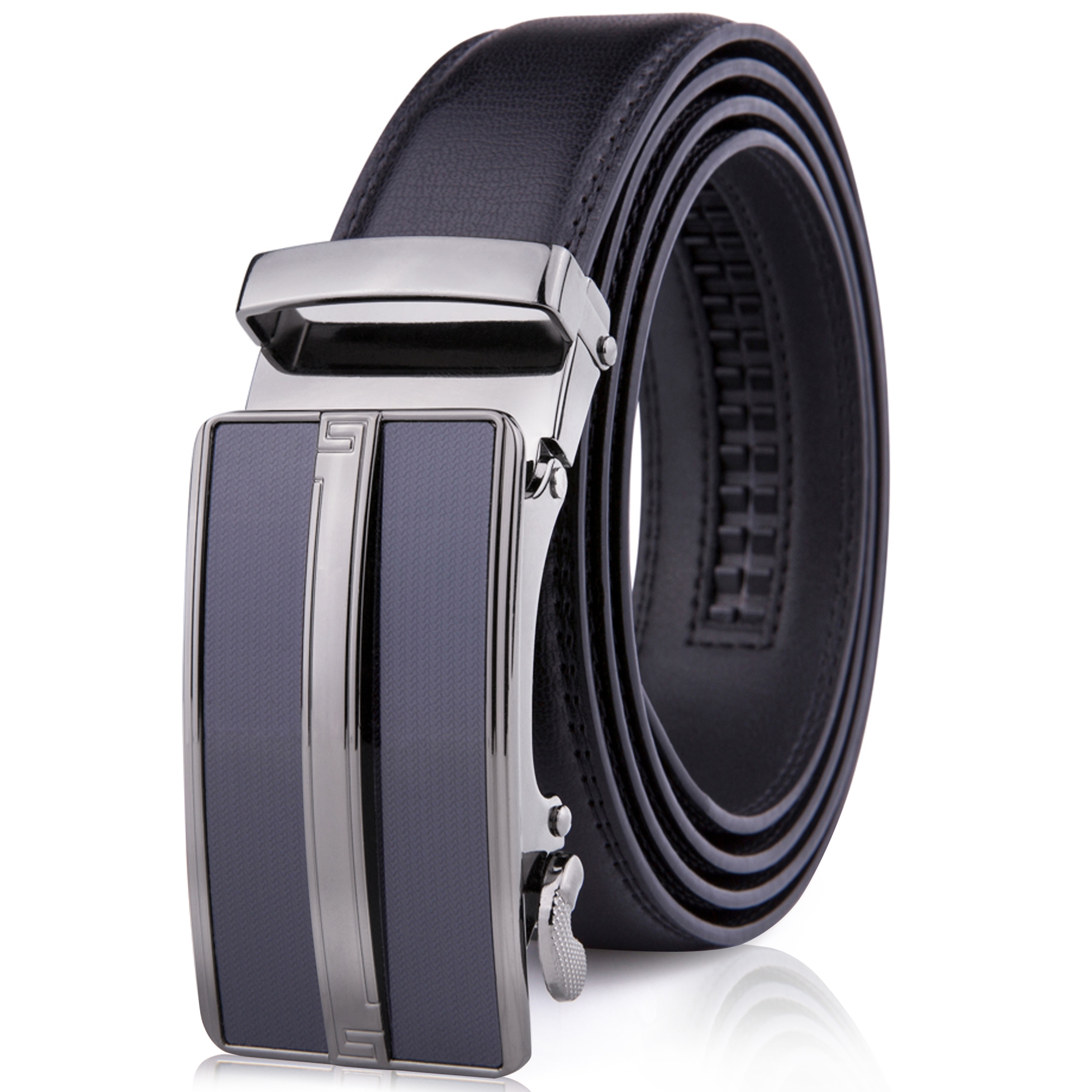 A black leather belt with a decorative silver buckle featuring a modern design and textured surface.