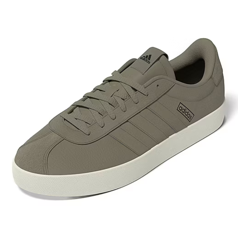 Gray Adidas sneaker with a minimalist design, featuring the classic three stripes and a white sole.