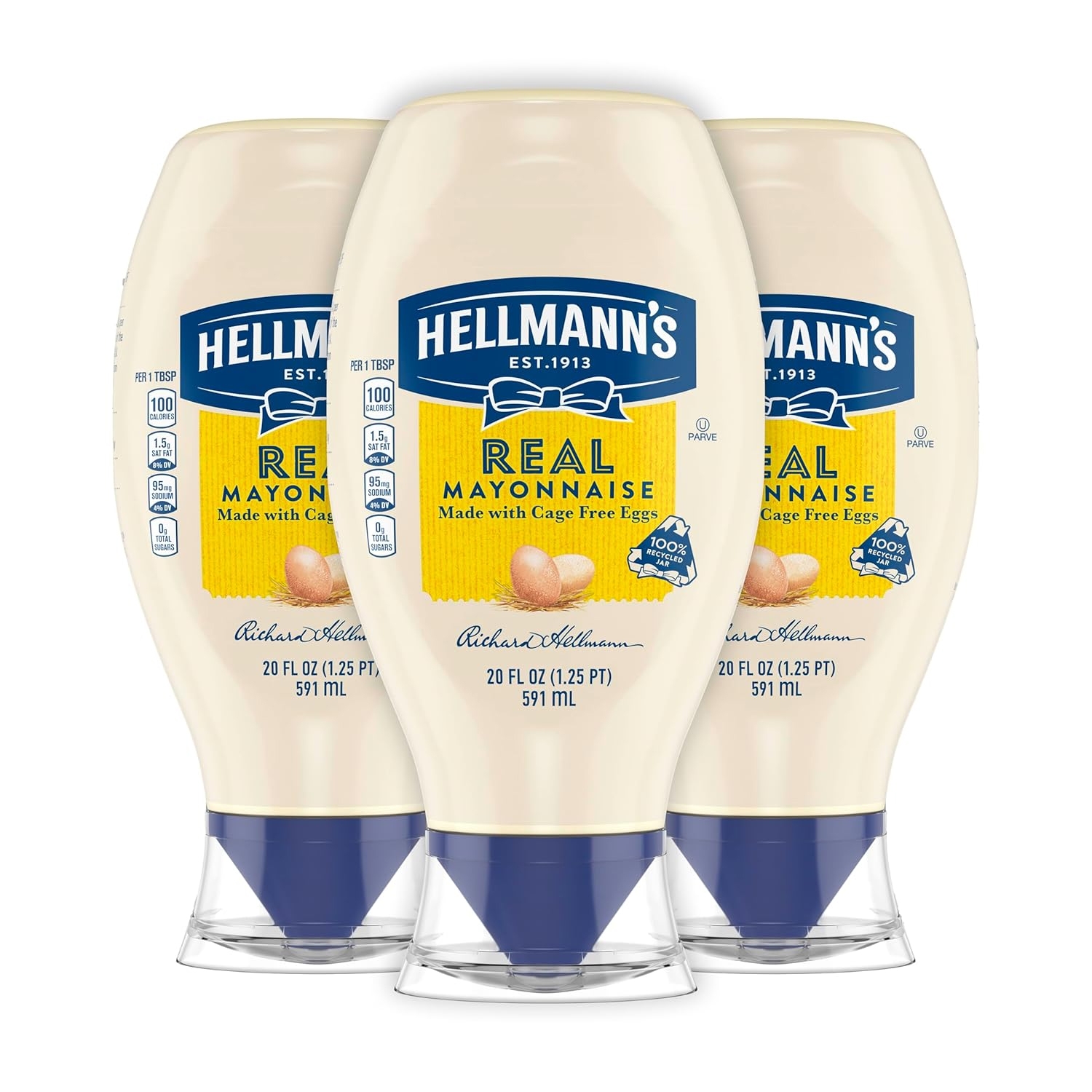 3-pack of Hellmann's Real Mayonnaise squeeze bottles, each 20 fl oz (591 mL), made with cage-free eggs. The packaging features a blue flip cap and distinctive branding.