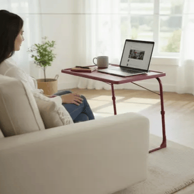 A woman sits on a couch using a red portable table for her laptop, with a mug and phone also on the table. The room features large windows, potted plants, and minimalist decor.