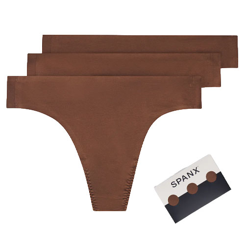 Brown thong underwear set of three with SPANX packaging.