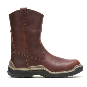 Brown Wolverine Raider Durashocks Boots with a slip-on design, featuring a rugged rubber sole and dual-density footbed for comfort and durability. Made from leather, they have stitching details and a pull-on tab for easy wear.
