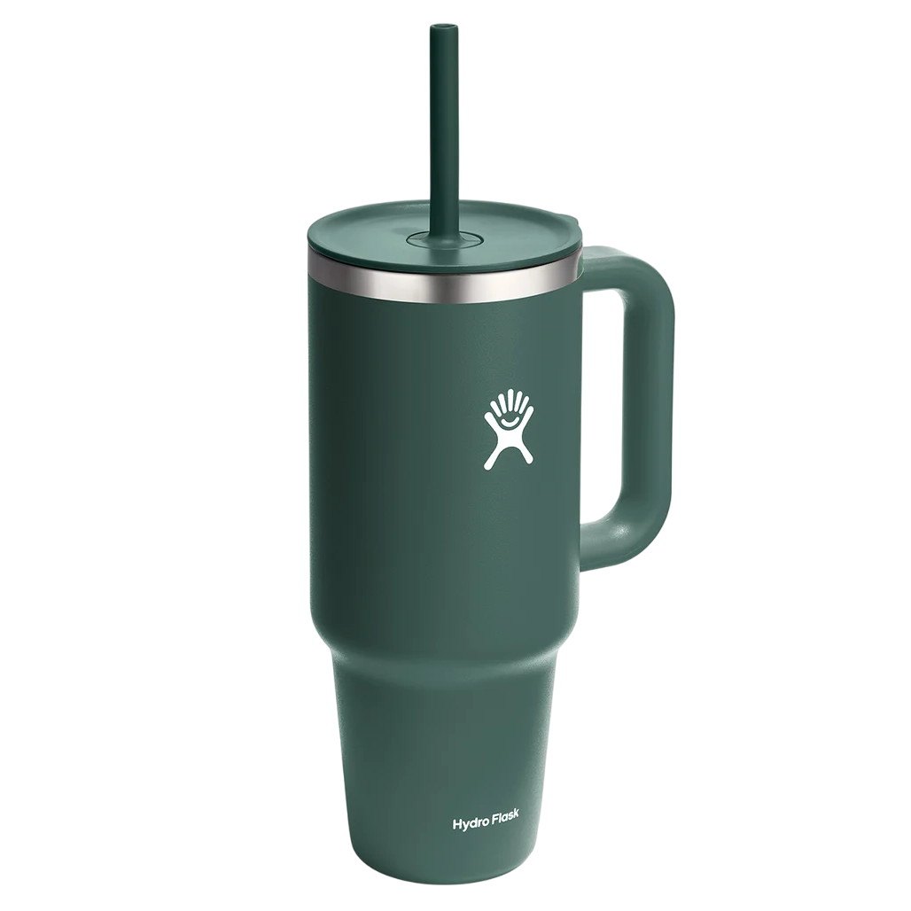 Green Hydro Flask mug with a handle, straw, and lid.
