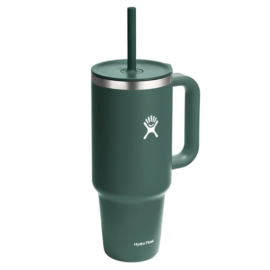 Green Hydro Flask mug with a handle, straw, and lid.