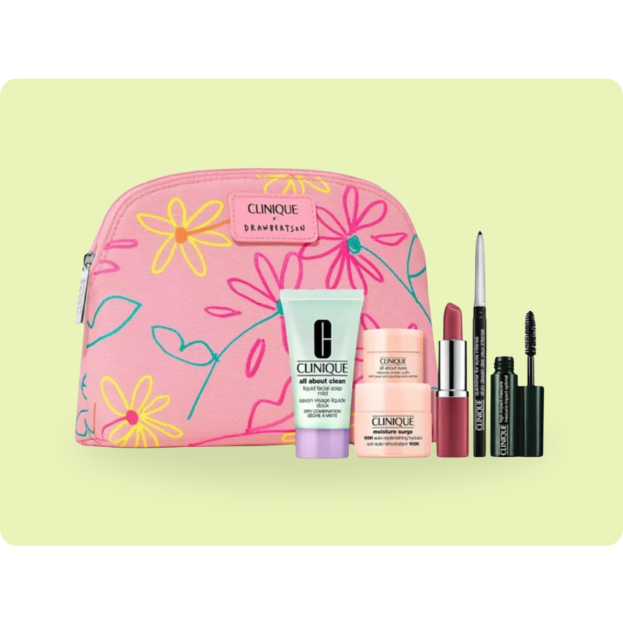 Clinique makeup and skincare set includes All About Clean liquid facial soap, Moisture Surge moisturizer, lipstick, eyeliner, mascara, and a pink floral-patterned cosmetic bag.
