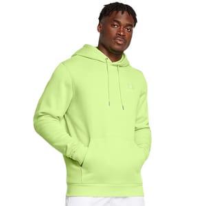 A bright green hooded sweatshirt with a drawstring, front kangaroo pocket, and ribbed cuffs and hem. It's designed with a relaxed fit for casual wear.