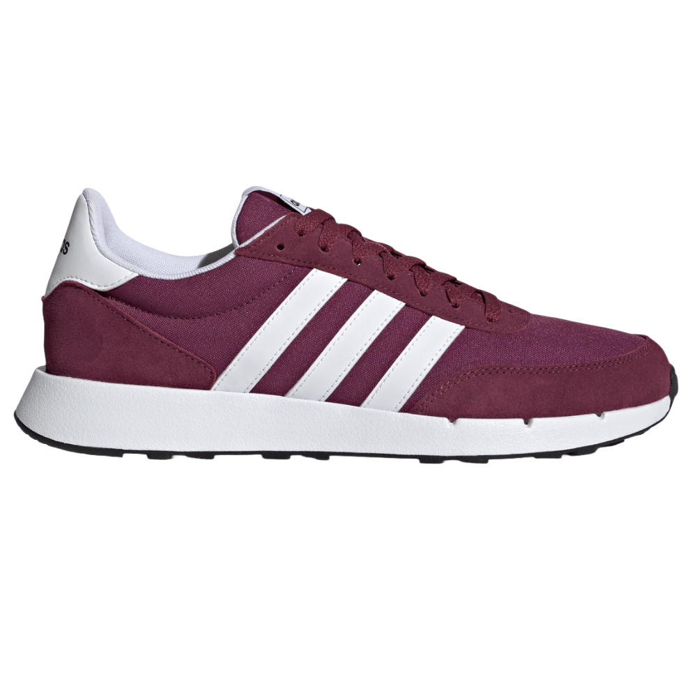 Maroon Adidas sneaker with white stripes and details, featuring a white sole and black outsole.