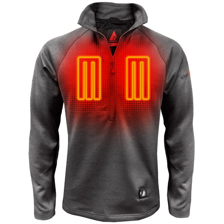 Heated jacket with visible heating elements on the chest, featuring a quarter-zip design and a button for control at the lower front.