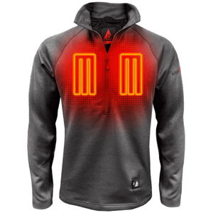 Heated jacket with visible heating elements on the chest, featuring a quarter-zip design and a button for control at the lower front.