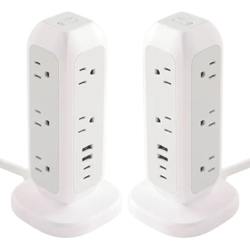 Two white vertical power strips with multiple outlets and USB ports are shown, designed for convenient access and space efficiency.