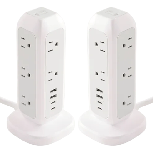 Two white vertical power strips with multiple outlets and USB ports are shown, designed for convenient access and space efficiency.