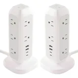 Two white vertical power strips with multiple outlets and USB ports are shown, designed for convenient access and space efficiency.