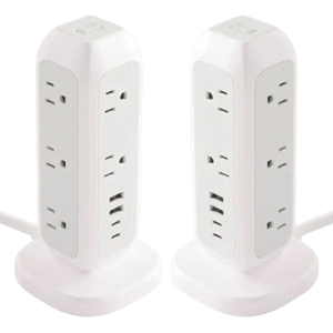 Two white vertical power strips with multiple outlets and USB ports are shown, designed for convenient access and space efficiency.