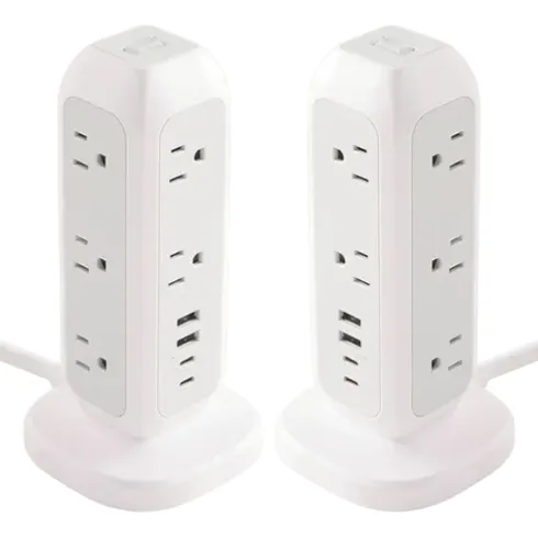 Two white vertical power strips with multiple outlets and USB ports are shown, designed for convenient access and space efficiency.